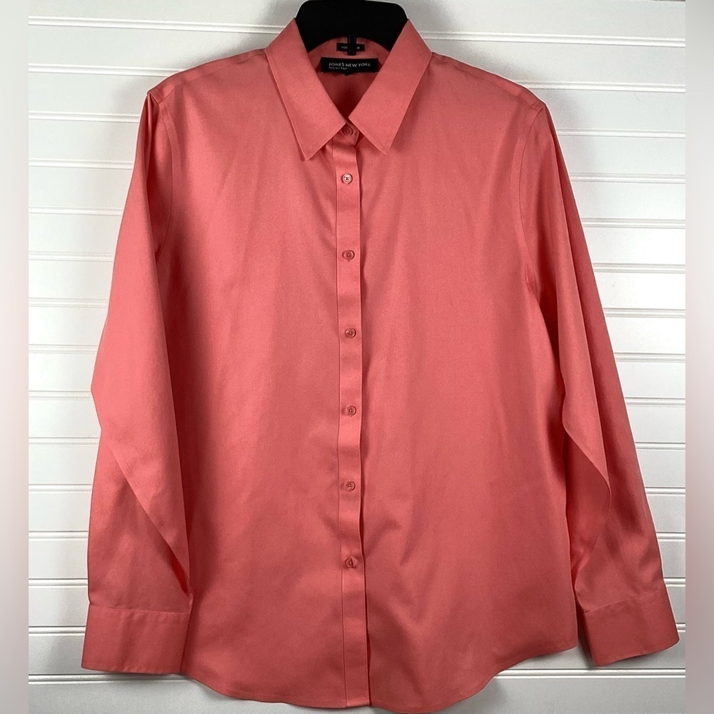Jones New York Signature No Iron 100% Cotton Long Sleeve Shirt Salmon 🍣 Pink L